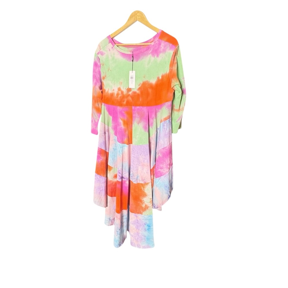 Why Dress Colorful Tie Dye Hi Low 3/4 Sleeve Tiered Ruffled Back NWT XL - Picture 7 of 14